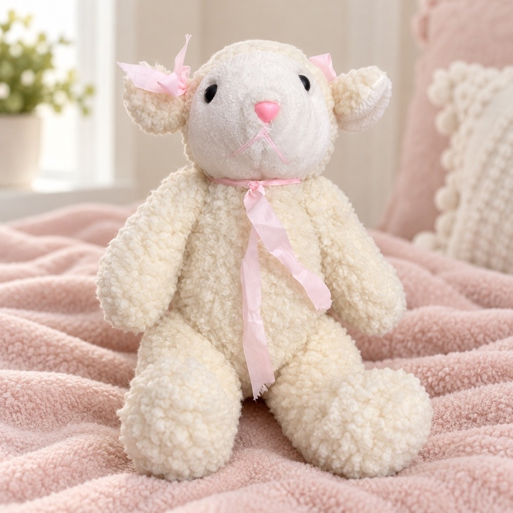 Vintage Sherpa Plush Lamb Sheep Stuffed Animal Pink Ribbons Coquette Aesthetic